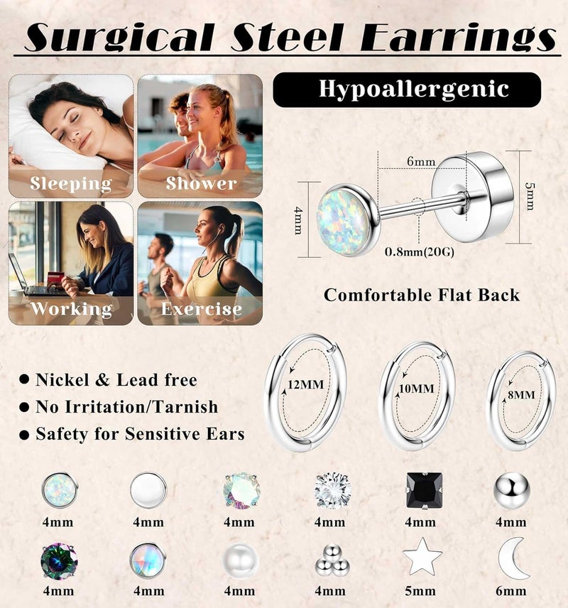Jstyle Hypoallergenic Flat Back Stud Earrings for Women Men Surgical Stainless Steel Earrings for Sensitive Ears Small Stud Hoop Silver Gold Black Earrings Cartilage Earring Set for Multiple Piercing - Image 5
